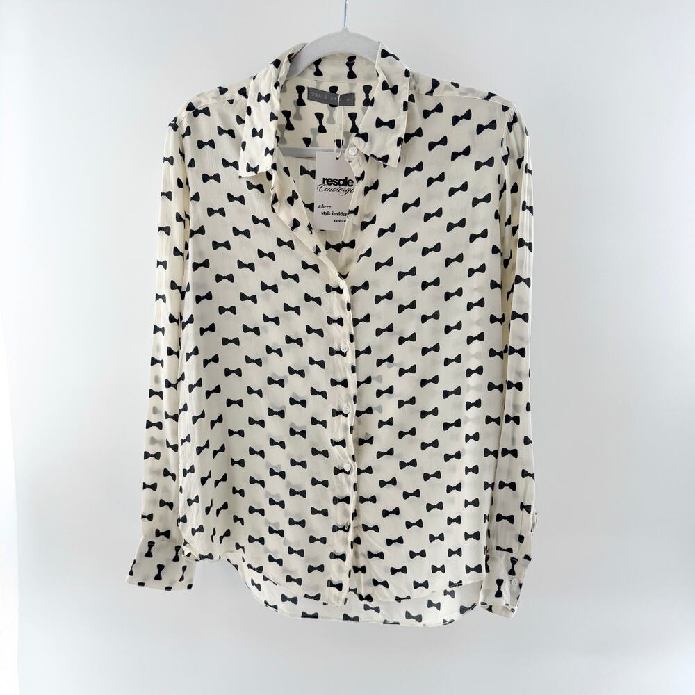 Zoe & Sam Bow Print 100% Silk Long Sleeve Button-Down Shirt Cream Black Large